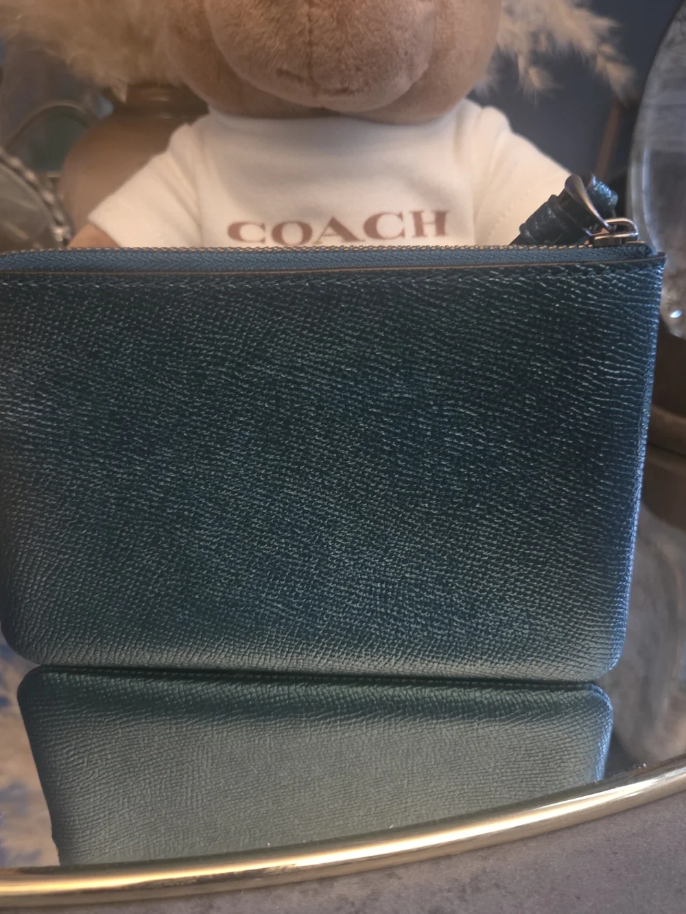 Coach Dark Teal Green Crossgrain Leather Zip Wristlet Wallet